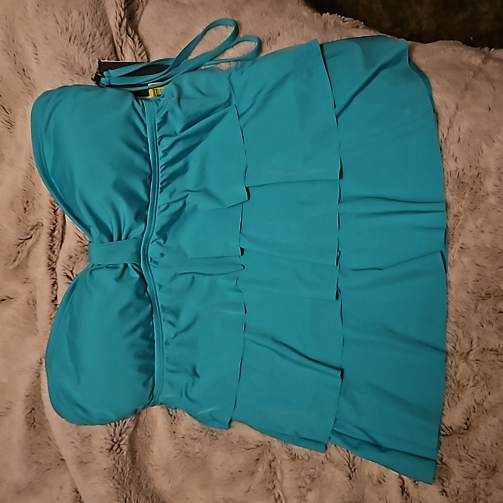 KENNETH COLE Womens Aqua Blue Tiered Ruffle Bandini Tankini Swim Top-NWT-Sz S